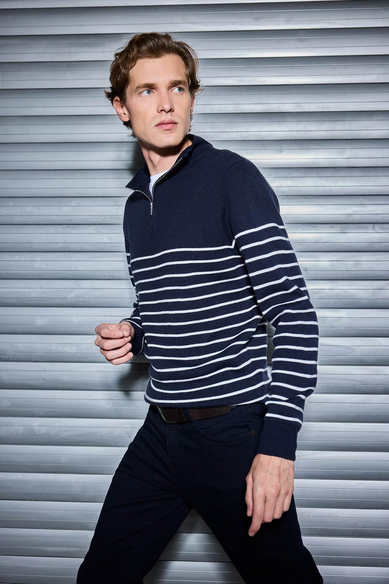 DeFacto Blue Man Standard Fit Half Zippered Striped Knit Pullover Casual - Image 3